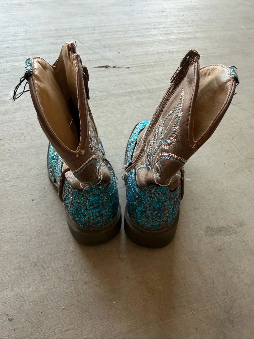 Roper Kids Glitter Aztec Western Cowboy Boots - Turquoise / Brown